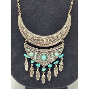 Boho‎ Turquoise Statement Necklace Tribal Feather Fringe Crescent Bib